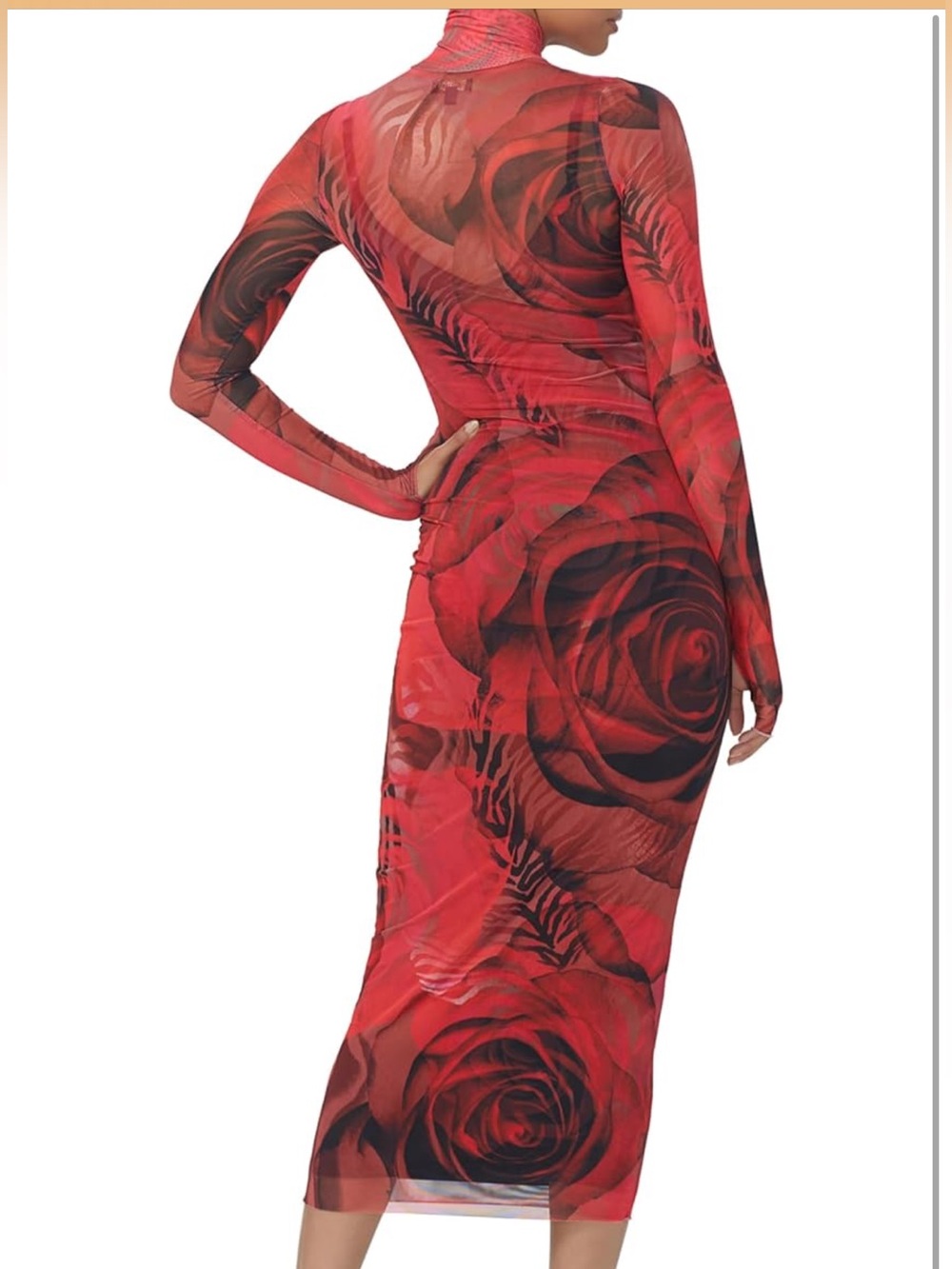 NWT Revolve AFRM Shailene Red Rose-Print Long Sleeve Mesh Midi Dress, size XL. - Picture 3 of 6